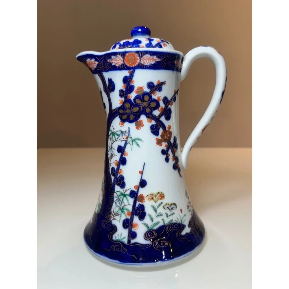 Antique Japanese Imari Porcelain Chocolate Pot Blue Orange Gold Hand Painted